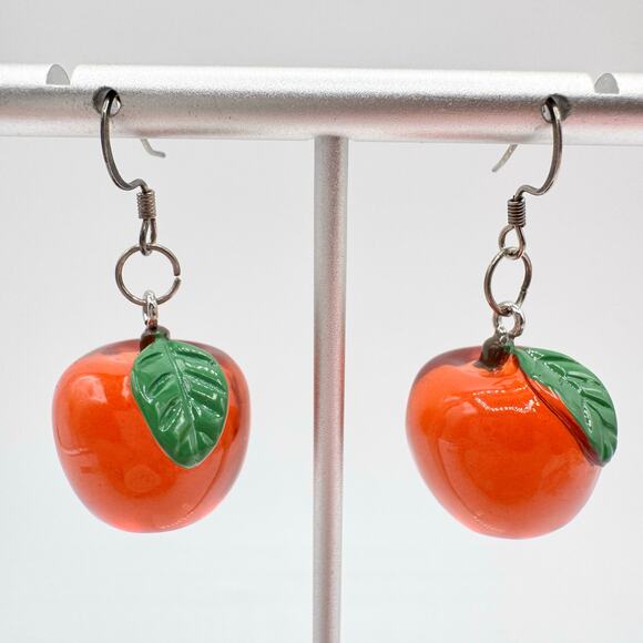 Clear Reddish Orange Lucite Cherry Apple Fruit Dangle Earrings Fun Flirty Kitsch - Picture 1 of 9